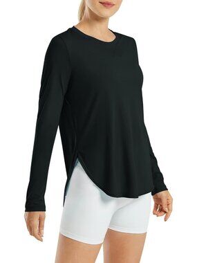 Women's Black UPF 50+ UV Shirt Long Sleeve Workout Yoga Sun Top Quick Dry Gym